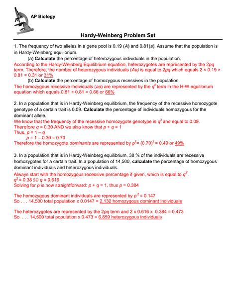 Hardy Weinberg Problem Set Answer Key