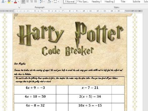 Harry Potter Code Breaker Linear Equations Teaching Resources Code Breaker Worksheet - Code Breaker Worksheet