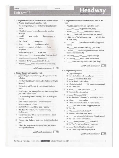 Read Online Headway Intermediate Fourth Edition Unit Test Key 