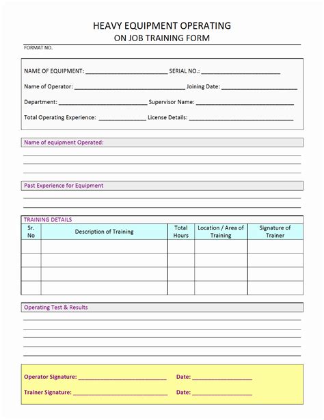 heavy Equipment operator Training Form Format Samples Word Document