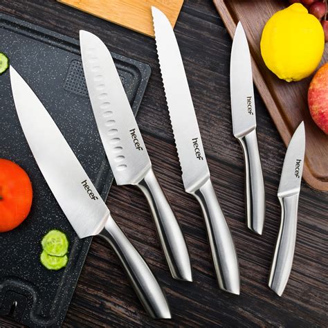 hecef Silver Kitchen knife set of 5, Satin Finish Blade with Hollow ...