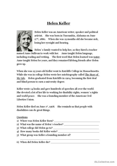 Helen Keller Reading English Esl Worksheets Pdf Amp Helen Keller Timeline Worksheet - Helen Keller Timeline Worksheet