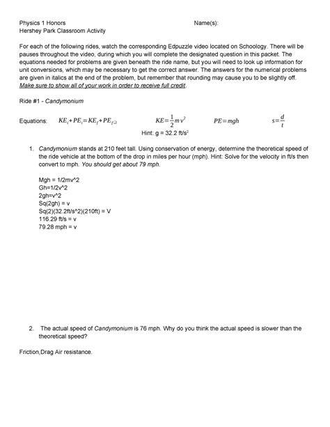 hershey park physics packet