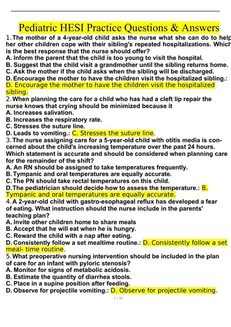 hesi pediatric practice questions
