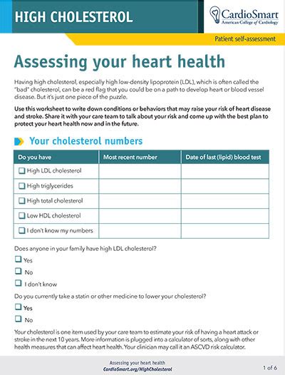 High Cholesterol Assessing Your Heart Health Worksheet Cardiosmart Heart Disease Worksheet - Heart Disease Worksheet