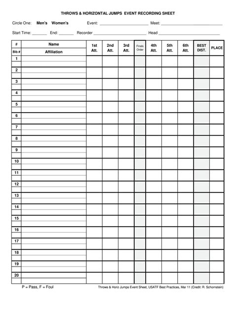 High Jump Recording Sheet