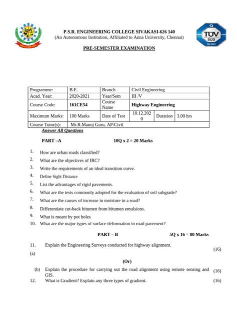 Highway Engineering Exam