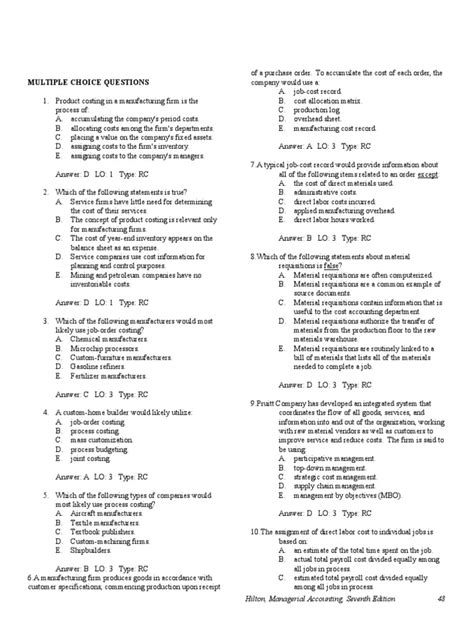 hilton managerial accounting multiple choice questions