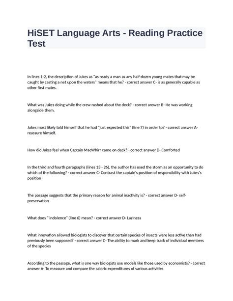 Hiset Language Arts Reading Practice Test