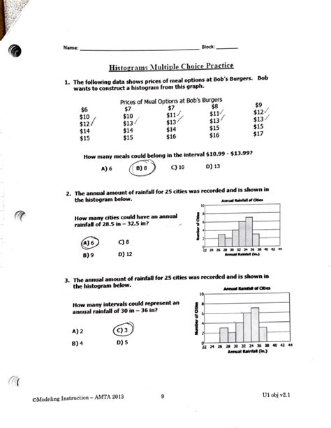 Histogram Multiple Choice Practice Answer Key