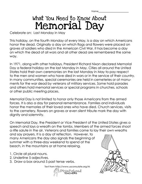 History Of Memorial Day Reading Comprehension Passage Printable Memorial Day Worksheet - Memorial Day Worksheet