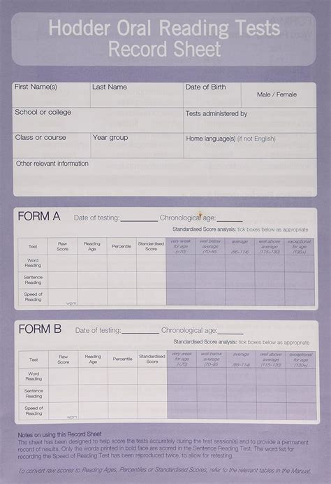 Hodder Oral Reading Test Record Sheet