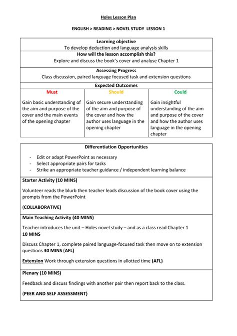 Holes Lesson 1 Developing Reading Skills Lesson Plan Holes Lesson Plans 5th Grade - Holes Lesson Plans 5th Grade