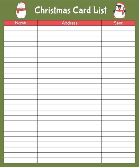 Holiday Card List Template