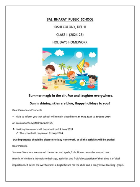 Holiday Homework For Class 2