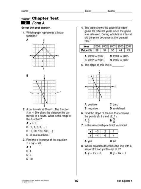 Holt Algebra 1 Chapter 5 Test Answers
