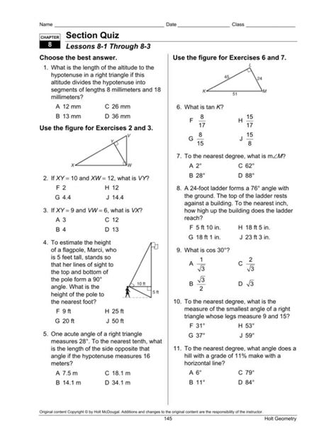 Holt Geometry Section 8a Quiz Answers