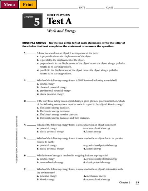 Holt Physics Chapter 5 Test B Work Energy Answers