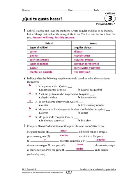 Holt Spanish 1 Workbook Answer Key Chapter 9