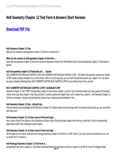 Read Holt Geometry Chapter 12 Test Form A Answers 