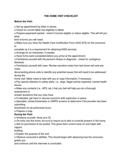 Home Visit Checklist For Study Nurse Conducting Clinical Research Visit