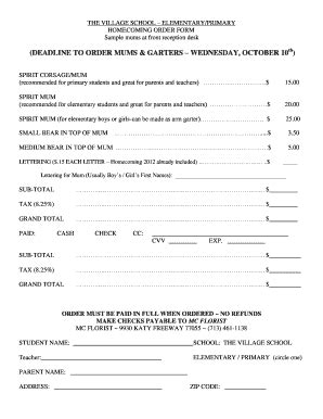 Homecoming Mum Order Forms