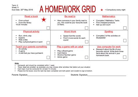Homework Grid Choose One Each Night