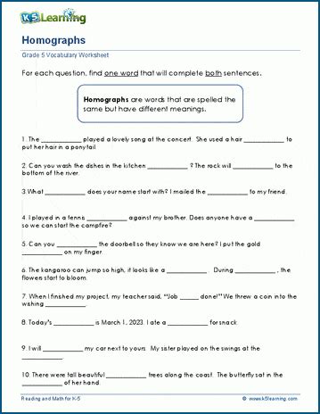 Homographs Worksheets For Grade 5 K5 Learning Homonyms Worksheet For Grade 5 - Homonyms Worksheet For Grade 5