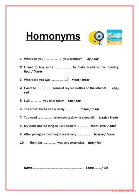 Homonyms Exercises 2 Isl Collective Homonyms Exercises With Answers - Homonyms Exercises With Answers