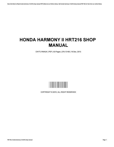 Read Honda Harmony Ii Hrt216 Repair Manual File Type Pdf 