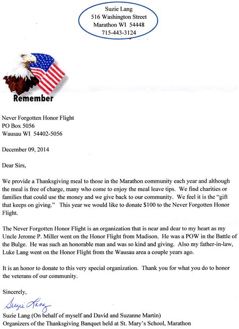 Honor Flight Sample Letters