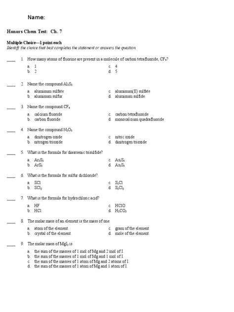 Read Honors Chemistry Chapter 7 Practice Test 