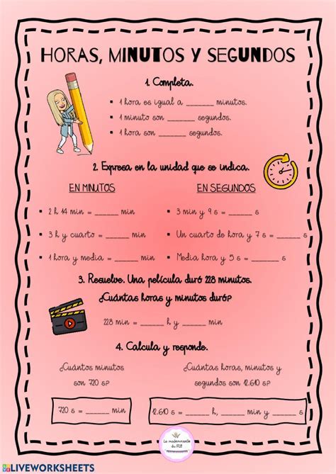 horas minutos y segundios worksheets