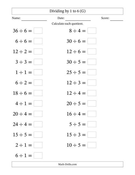 Horizontally Arranged Division Facts With Divisors 1 To Division Drills - Division Drills