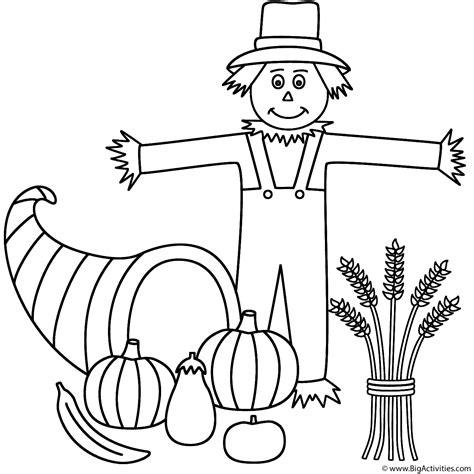 Horn Of Plenty With A Scarecrow Page Thanksgiving Horn Of Plenty Coloring Page - Horn Of Plenty Coloring Page