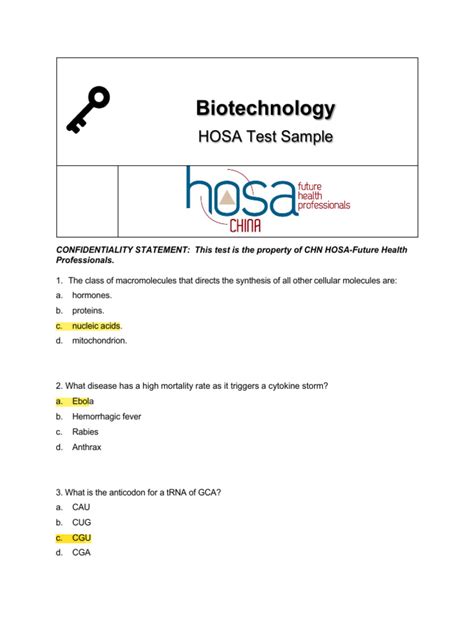 Hosa Biotechnology Practice Test