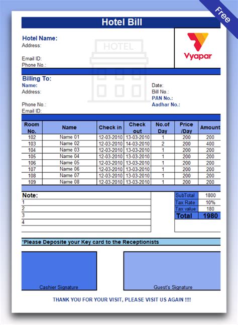 Hotel Bill Format Pdf