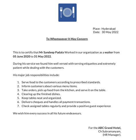 Hotel General Manager Experience Certificate Sample