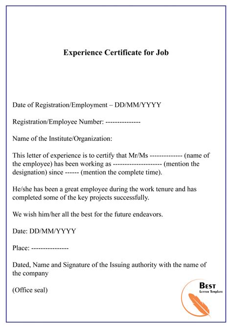 Hotel Work Experience Certificate Format Slibforme