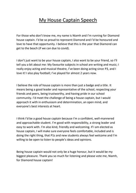 House Captain Speech