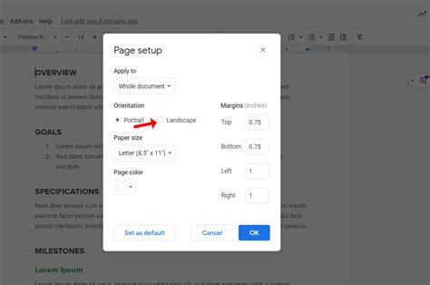 how to put google docs into landscape mode?