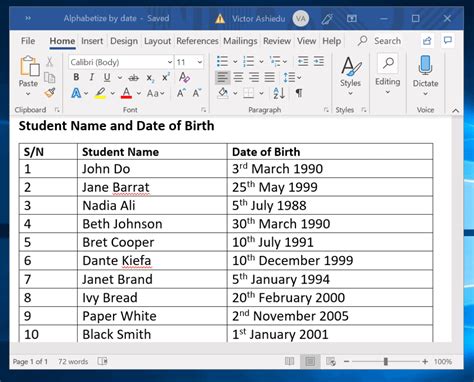 how to alphabetize a table in word