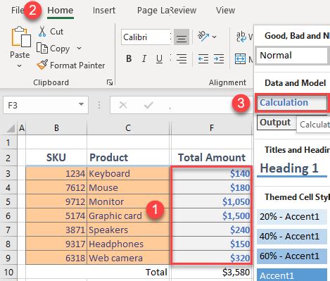 how to apply the calculation style in excel