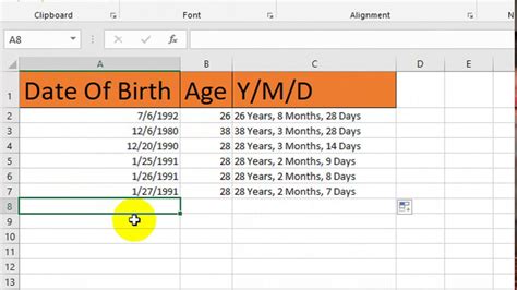 how to calculate birth date in excel