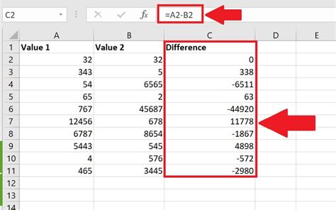 how to calculate difference in excel