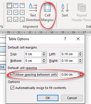 how to change table margins in word