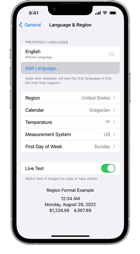 how to change the language of the date on iphone