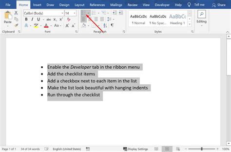 how to create a list in word