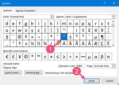 how to degree symbol in word