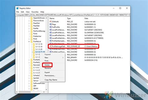 how to delete user in regedit